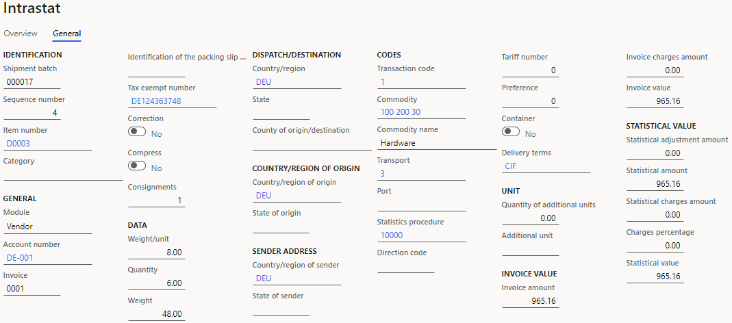 Purchase order details on the General tab of the Intrastat page