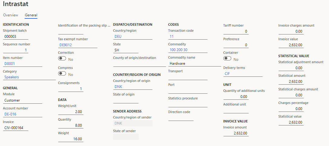 Sales order details on the General tab of the Intrastat page