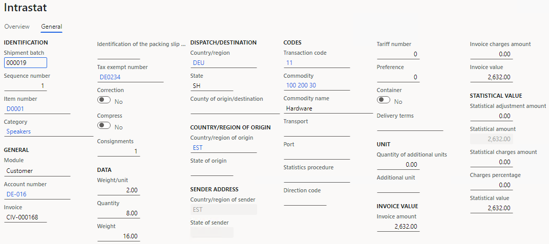 Sales order details on the General tab of the Intrastat page