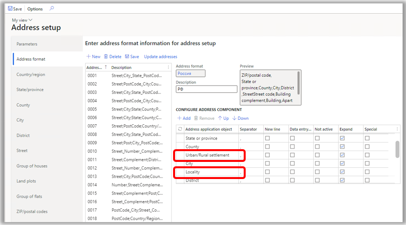 Urban/Rural settlement and Locality address components added on the Address setup page.