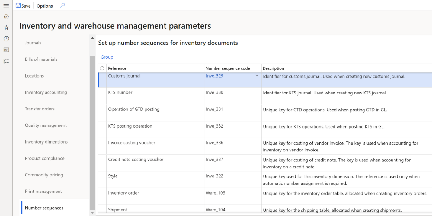 Number sequences tab on the Inventory and warehouse management parameters page.