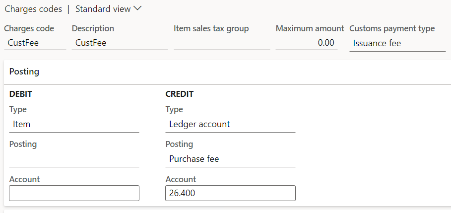 Charges codes page.