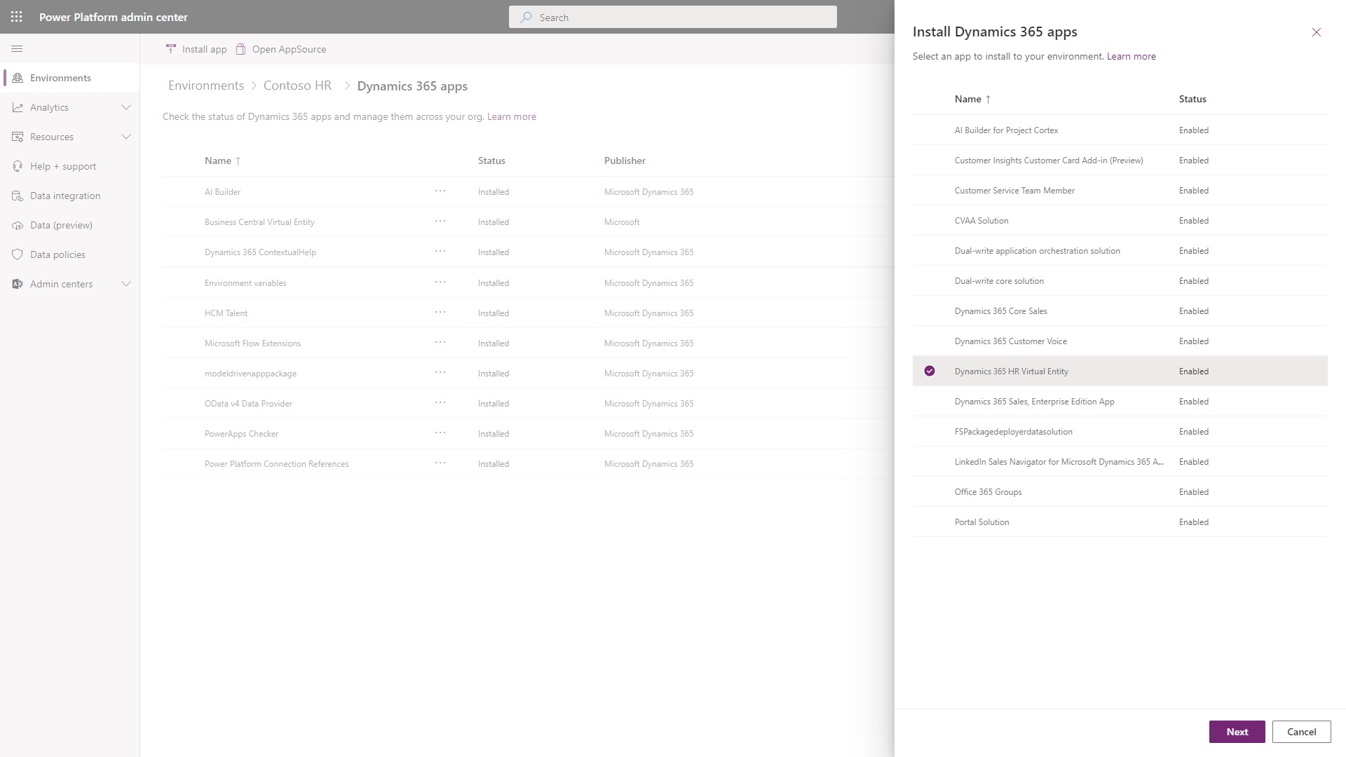 Power Platform 管理センターから Dynamics 365 HR 仮想テーブル アプリをインストールします。