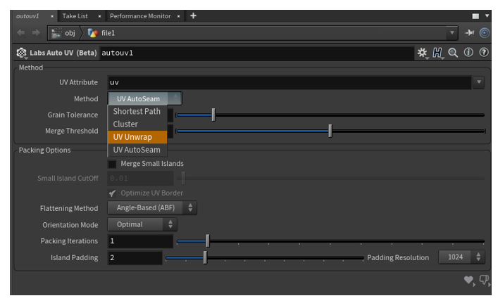 UV Unwrap メソッドが選択された。