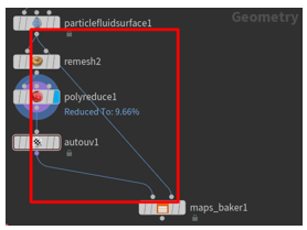 particlefluidsurface1 ノードを maps_baker 1 ノードに接続する。