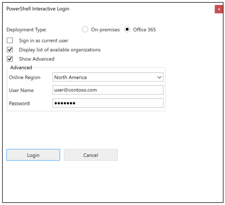 宛先環境用に構成された、[PowerShell インタラクティブ ログイン] ダイアログ ボックスです。