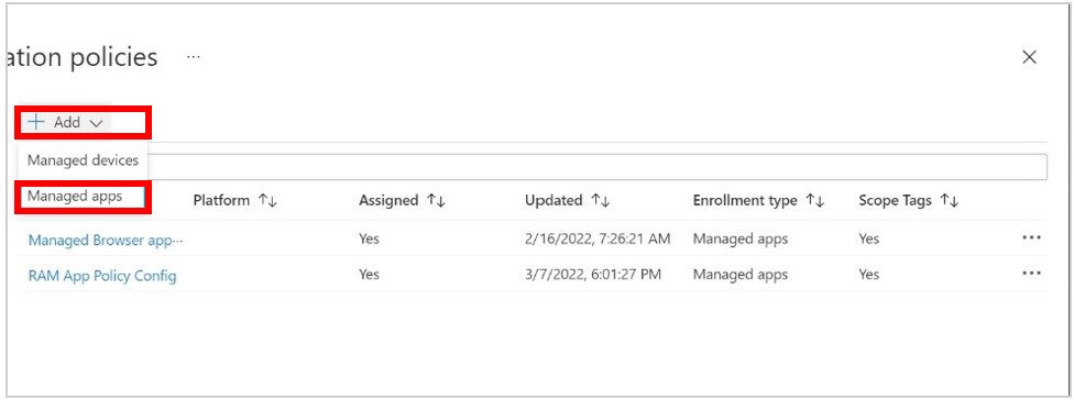 強調表示された [追加] と [管理されたアプリ] コマンドを示すスクリーンショット。