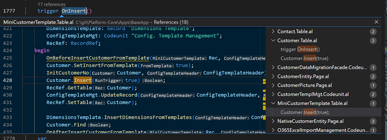 Customer テーブルの OnInsert トリガーに対して使用している CodeLens カウントと [すべての参照の検索] の例