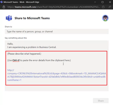 エラーの詳細と現在のページのリンクが強調表示された [Teams で共有する] ウィンドウを示します。