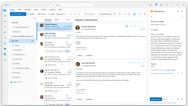 Outlook 用 Field Service アドインによって生成された、Outlook での作業指示書の要約のスクリーンショット。