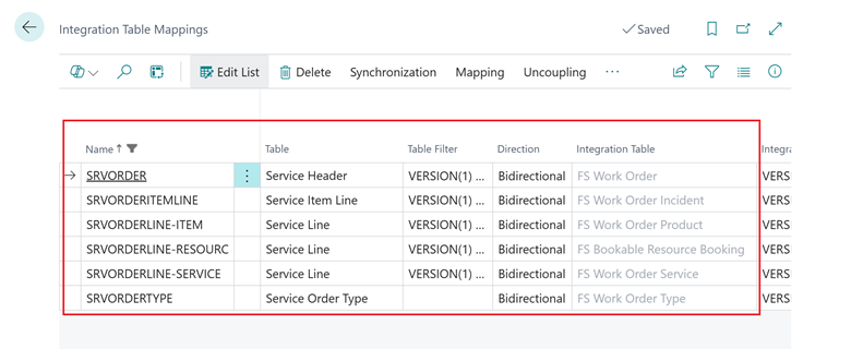 Field Service とサービス管理を統合するときに追加された統合テーブル マッピングを表示