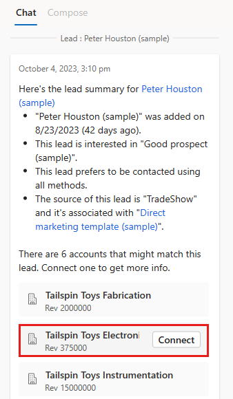一致するアカウントが強調表示された、Copilotチャットのリード カードのスクリーンショット。