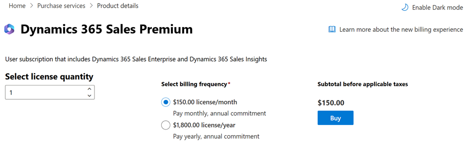 Dynamics 365 Sales Premium ライセンス購入ページのスクリーンショット。