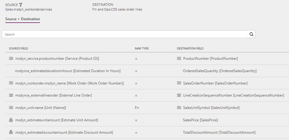 作業指示書から販売注文へのデータ統合におけるテンプレートのマッピング (Field Service から Supply Chain Management): WorkOrderServiceLineEstimate。