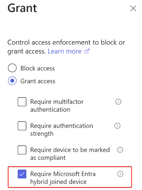 ハイブリッド デバイスを必要とする条件付きアクセス ポリシーでの許可のスクリーンショット