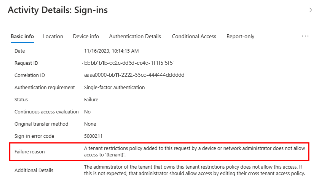 テナント制限ポリシーがアクセスを許可しない失敗の理由を示す項目がある [基本情報] タブを表示しているサインイン ログのスクリーンショット。
