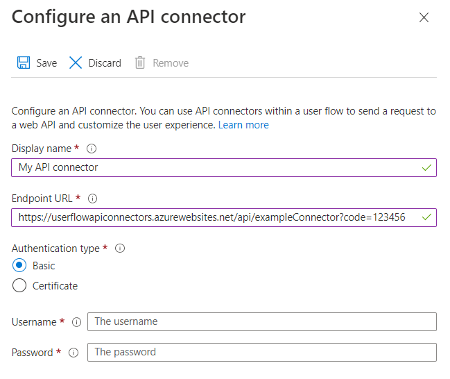 API コネクタの構成のスクリーンショット。