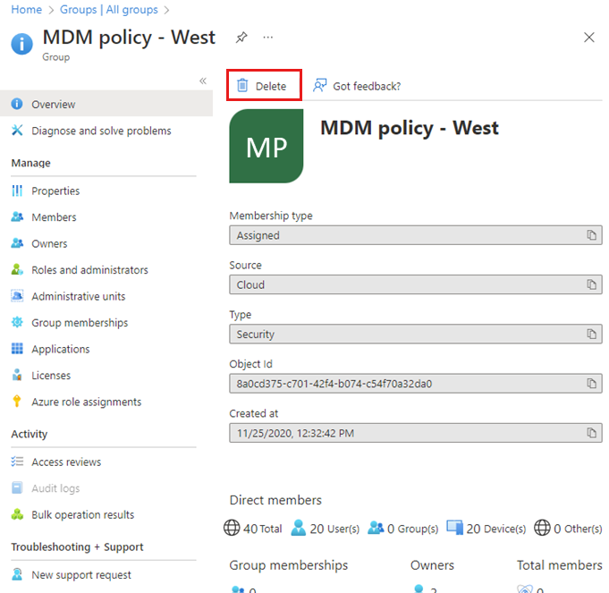 MDM ポリシーの [West Overview]\(西部の概要\) ページのスクリーンショット。[削除] リンクが強調表示されています。