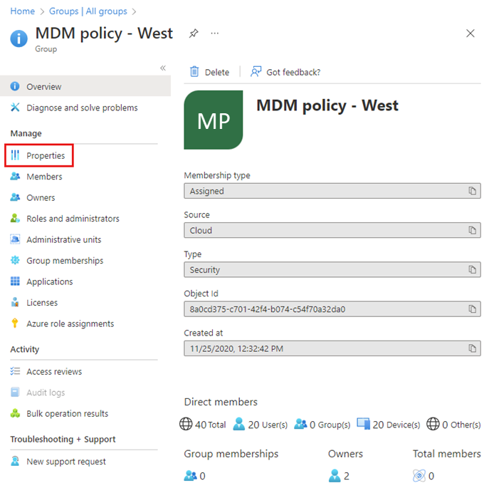 MDM ポリシーのスクリーンショット - メンバー情報を含む [West Overview]\(西の概要\) ページ。