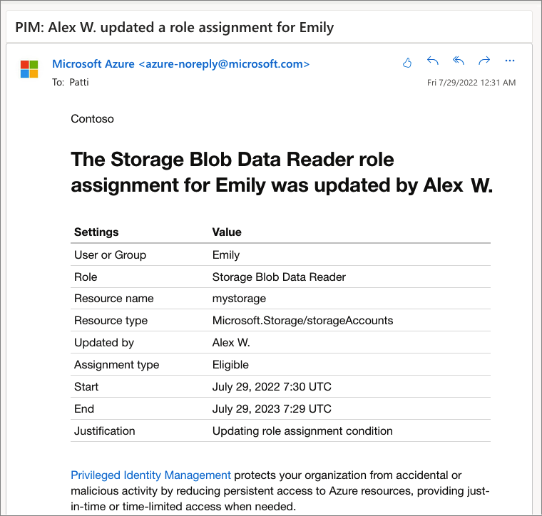 Privileged Identity Management によって送信された電子メール メッセージを示すスクリーンショット。