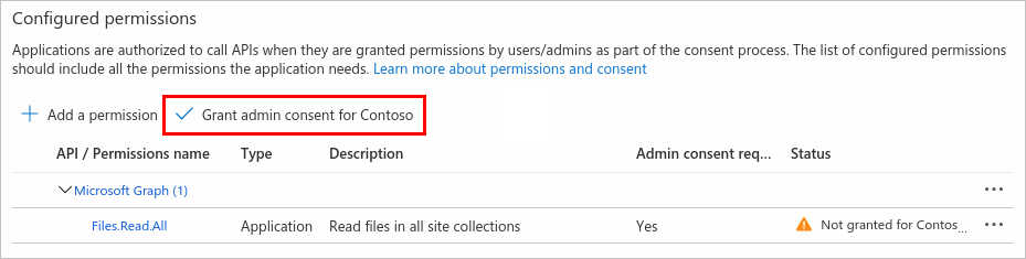 Azure portal の [構成されたアクセス許可] ウィンドウで強調表示された、管理者の同意の付与ボタン