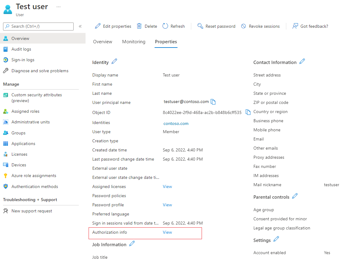 [View authorization info](承認情報の表示) のスクリーンショット。