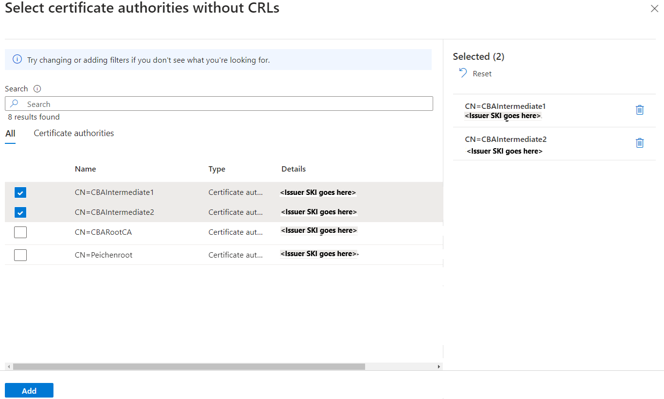 CRL 検証から除外される CA のスクリーンショット。