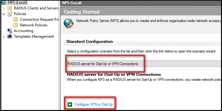 ダイヤルアップまたは VPN 接続用の RADIUS サーバーを構成する