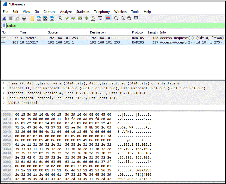 フィルター処理されたトラフィックを示す Microsoft Message Analyzer