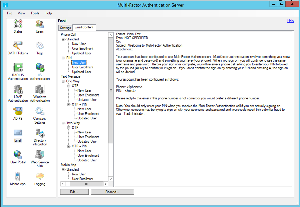 コンソールの MFA Server の電子メール テンプレート