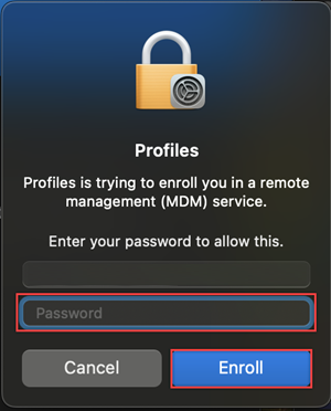 MDM サービスに登録するためのパスワードを求めるプロファイル ウィンドウのスクリーンショット。