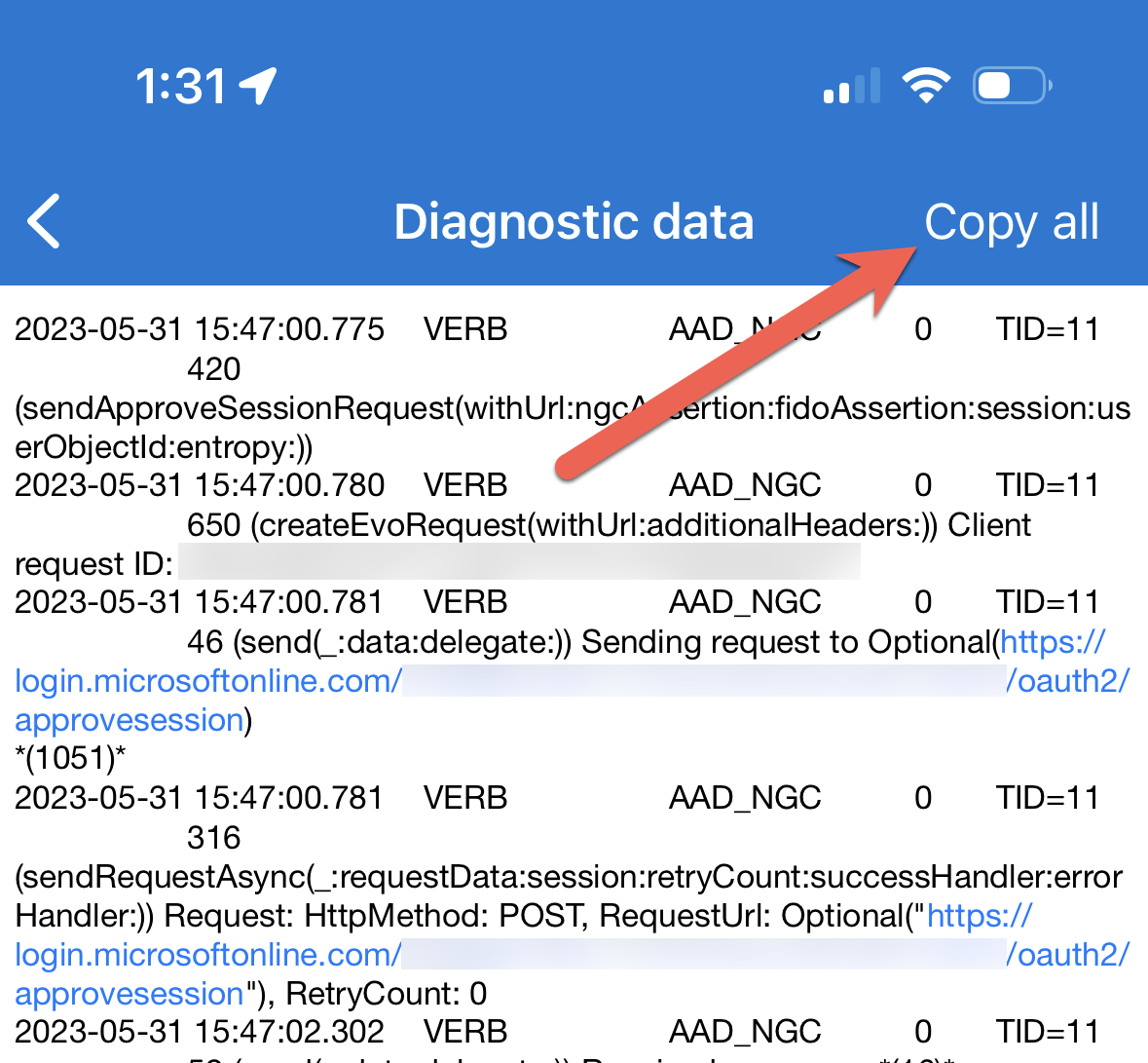 Microsoft Authenticator アプリの [全てのログをコピー] オプションを示すスクリーンショット。