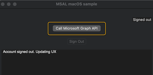 [Microsoft Graph API を呼び出す] のボタンを使用して起動された macOS 用の MSAL サンプル アプリを示すスクリーンショット。