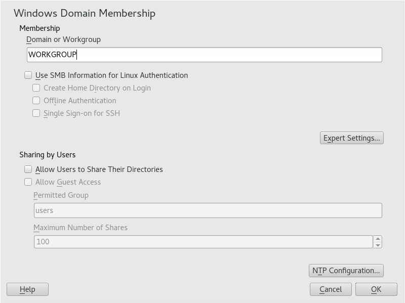 YaST の [Windows Domain Membership] ウィンドウのスクリーンショット例