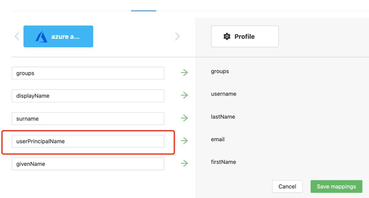 userPrincipalName エントリのスクリーンショット。