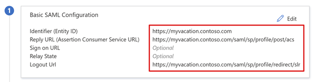 SAML 構成の URL のスクリーンショット。