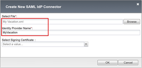 [新しい SAML IdP コネクタの作成] の [ファイルの選択] と [ID プロバイダー名] フィールドを示すスクリーンショット。