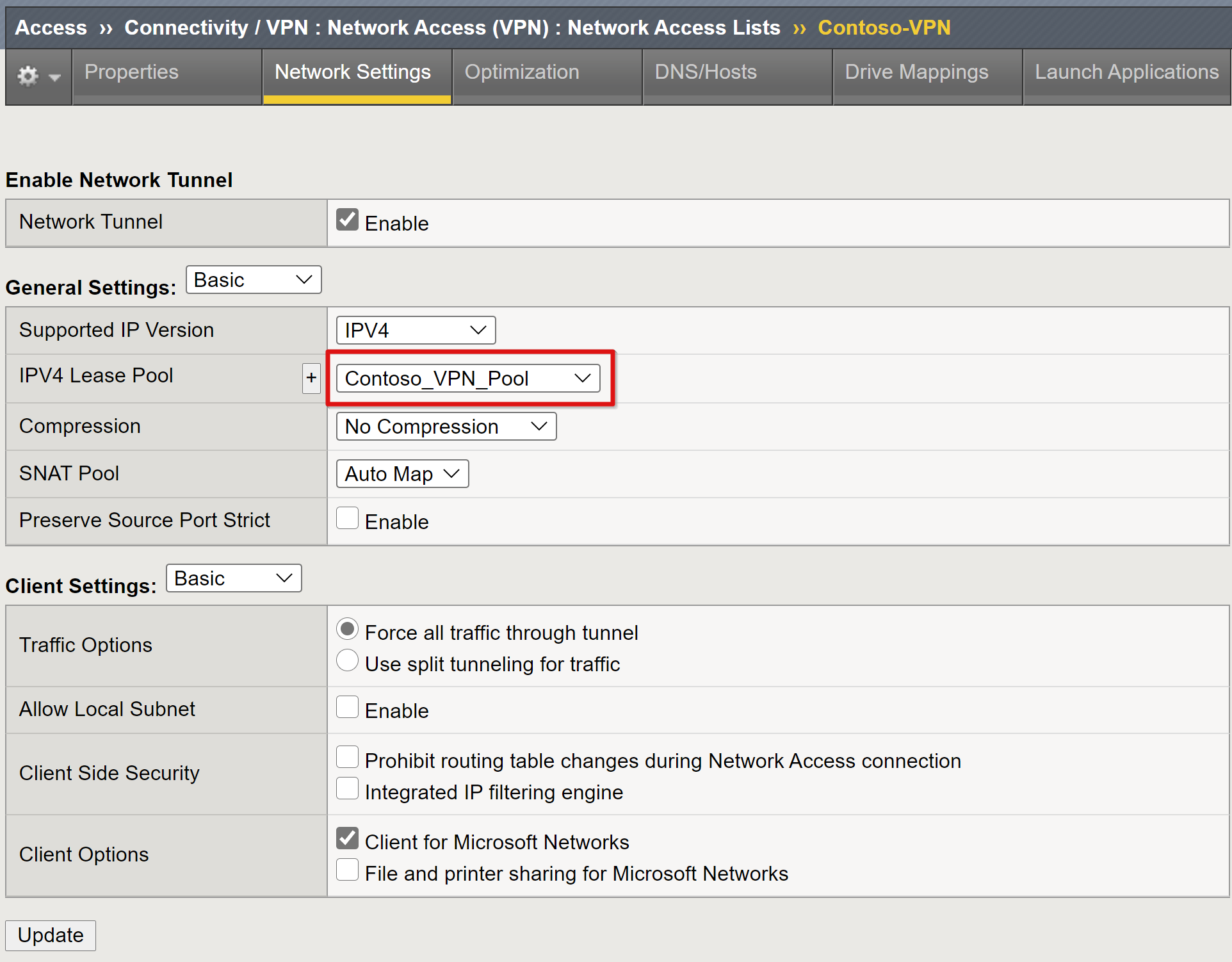 [General Settings] (全般設定) の [IPV4 Lease Pool] (IPV4 リース プール) の入力のスクリーンショット。