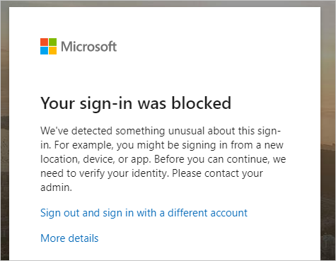 ポータルへのサインインがブロックされていることを示すスクリーンショット。