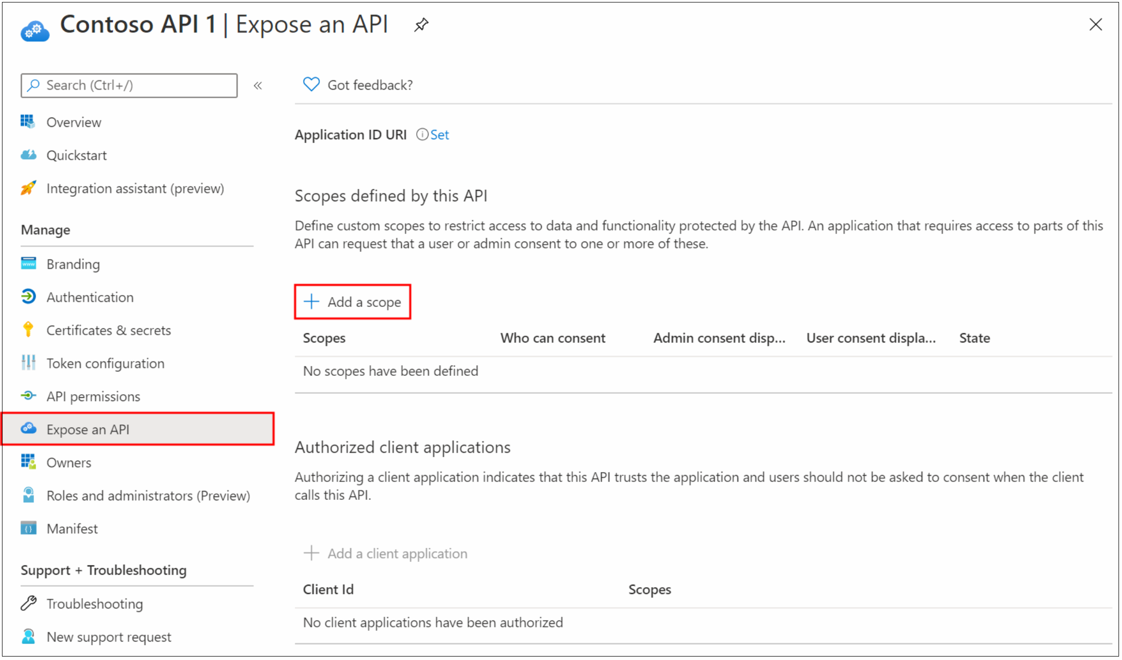 [API の公開] の [Scope の追加] オプションのスクリーンショット。