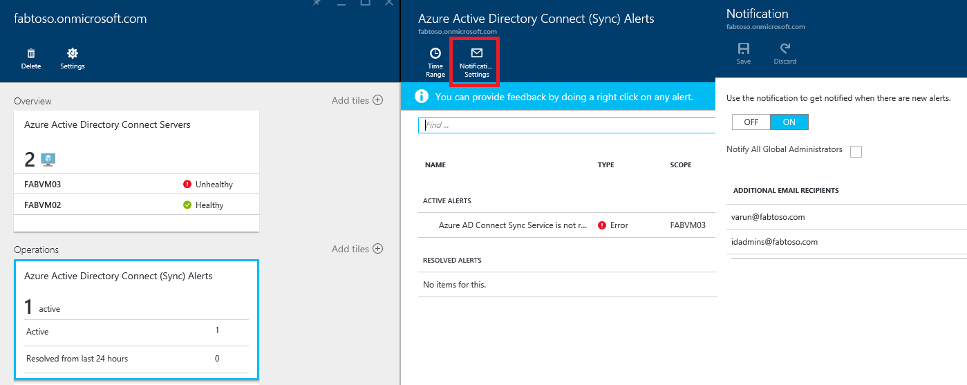 Screenshot of Microsoft Entra Connect Health email notification settings