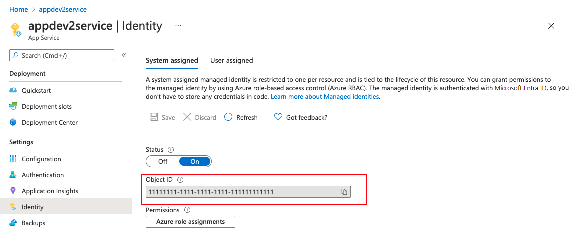 システム割り当て ID のオブジェクト ID を取得する方法を示すスクリーンショット