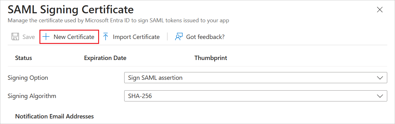 新しい SAML 証明書を示すスクリーンショット。