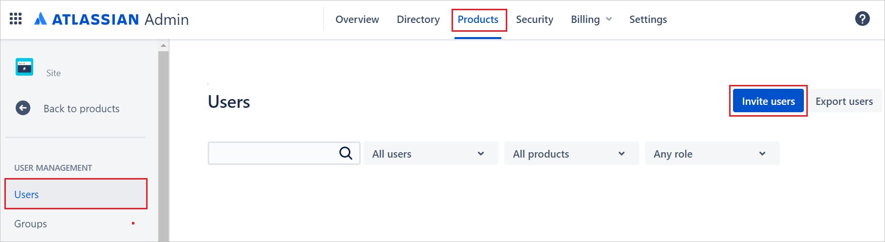 Atlassian Cloud の [Users]\(ユーザー\) リンク