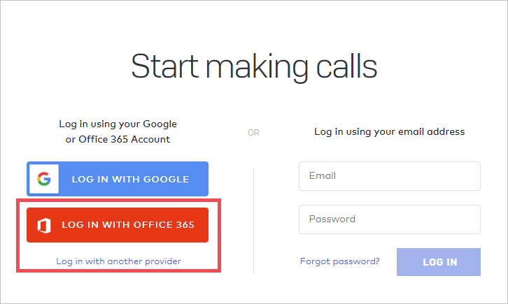 Dialpad Web サイトの [Start making calls]\(通話の開始\) ページのスクリーンショット。[Log in with Office 365]\(Office 365 でログイン\) ボタンが強調表示されています。