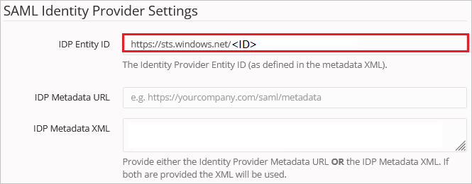 IDP エンティティ ID を示すスクリーンショット。