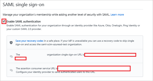 [Enable S A M L authentication (S A M L 認証を有効にする)] と U R L のテキスト ボックスが強調表示されている [S A M L single sign-on]\(S A M L シングル サインオン\) セクションを示すスクリーンショット。