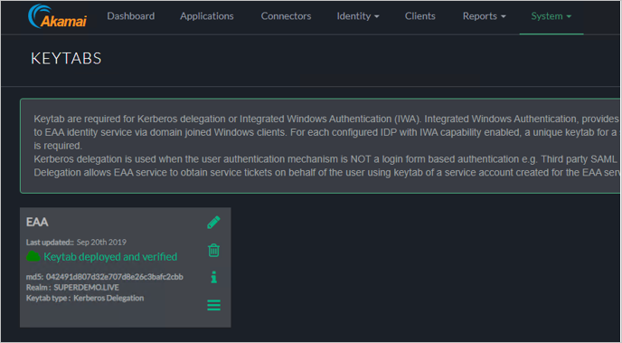 Akamai EAA コンソールの [KEYTABS] 画面のスクリーンショット。[Keytab deployed and verified]\(keytab がデプロイ済みおよび確認済み\) として EAA keytab が表示されている。