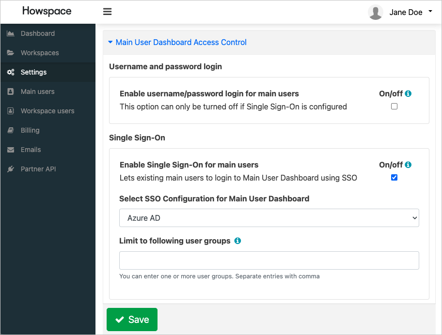 設定の一覧の [Main User Dashboard Access Control] セクションのスクリーンショット。