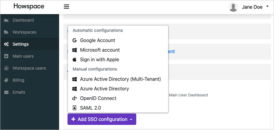 [Single Sign-On] セクションの [Add SSO configuration] メニューのスクリーンショット。